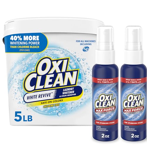 Bundle of OxiClean Max Force Laundry Stain Remover Spray, 2 fl oz, 2PK + OxiClean White Revive Laundry Whitener and Stain Remover Powder, 5 lb