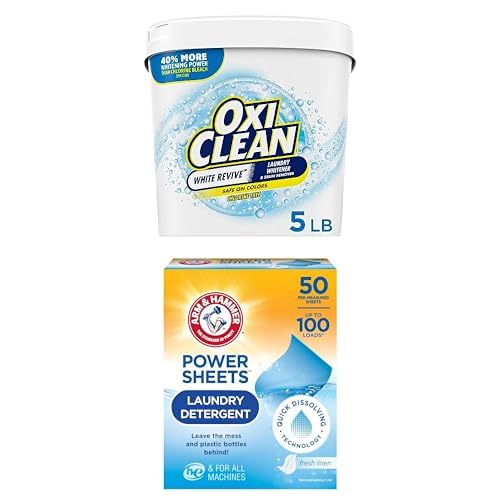 Bundle of OxiClean White Revive Laundry Whitener and Stain Remover Powder, 5 lb + Arm & Hammer Power Sheets Laundry Detergent, Fresh Linen 50ct,