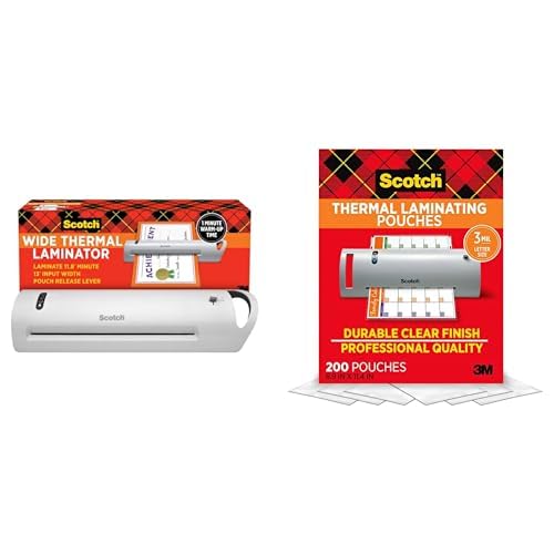 Bundle of Scotch Thermal Laminator, Extra Wide 13 Inch Input (TL1302X) + Scotch Thermal Laminating Pouches, 200 Count, Clear, 3 mil., Fits Letter Sized Paper (8.9 in. × 11.4 in.)