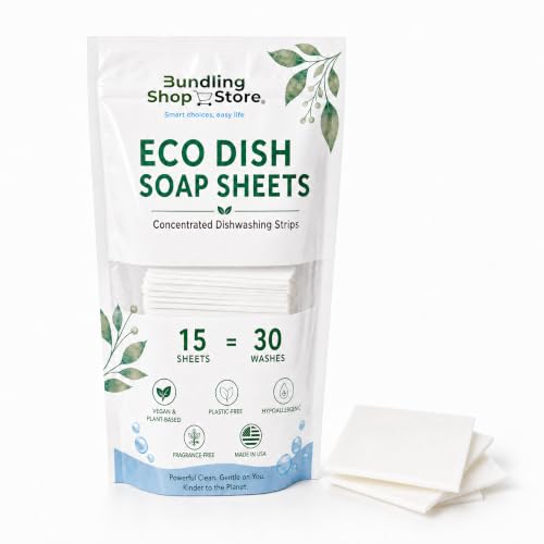 BUNDLING SHOP STORE Eco Dish Soap Sheets – Eco Dishwashing Strips for Dishwasher Machines and Hand Washing – Travel & Home, 15 Sheets Up to 30 Washes (SPRAY BOTTLE NOT INCLUDED)