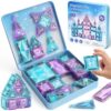 burgkidz Magnetic Travel Tiles for Kids 3-8: 42PCS Large & Small Ice Blue Purple Glitter Blocks – 2-in-1 Storage & Base – 90+ Min Quiet Play, 300+ Builds, 30s Cleanup – Car & Plane Toys for Girls