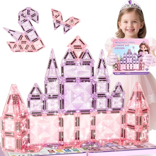 burgkidz Sparkling Glitter Magnetic Tiles for Girls Ages 3-8: 42PCS Pink & Purple Tiles with Storage Tin, Standard Size Compatible with Leading Brands, Dual Size Mix, Travel Friendly Birthday Gift