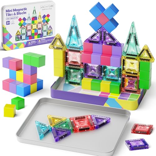 burgmate Mini Magnetic Blocks Travel Set: 48 Pieces 3 in 1 Magnetic Tiles Set with an Ultra-Light Tin Box for On the Go, 60 Mins Focus 45s Cleanup - Boys Girls Air Travel Ages 3-8