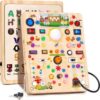Busy Board with LED Light Switches, Montessori Toys for 1 2 3 Years Old, Toddlers Wooden Toy Sensory Activity Board, Travel Toys for 1+ Year Old Boy & Girl Birthday Gift (Farm 19 Switches)