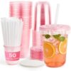 BUTRRRK 16 oz Pink Plastic Cups with Lids and Straws - Disposable Clear Stemless Drinking Cup for Iced Coffee Birthday Wedding Valentine's Cocktail Party, Includes Leak-Proof Paper, 50 Set