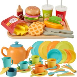 BUYGER Kitchen Accessories Set Bundle with Fast Food Hamburger Toy, Plastic and Wooden, Kitchen Dinnerware Pretend Play Food Toy Gifts Educational Toys for Ages 3 4 5+ Years Old