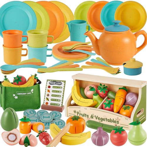 Buyger Kitchen Accessories Set Bundle with Pretend Play Cutting Food, Plastic and Wooden, Kitchen Accessories Pretend Play Food Toy Gifts for Ages 3 4 5+ Years Old Boys Girls