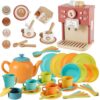 BUYGER Kitchen Dinnerware Set Bundle with Pretend Play Coffee Maker Toy, Plastic and Wooden, Kitchen Accessories Activity Cube Toy Educational Learning Toys Gifts