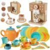 BUYGER Kitchen Dinnerware Set Bundle with Pretend Play Coffee Maker Toy, Plastic and Wooden, Kitchen Accessories Toy Educational Learning Toys Gifts