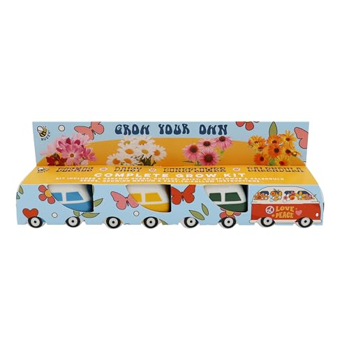 BUZZY Seeds Mini Ceramic Flower Bus Grow Kit 4-Pack - Bus Ceramic Planter - Complete Indoor/Outdoor Gardening Kit with Seeds, Coconut Husk Growing Medium & Genuine Pots - 100% Grow Guarantee