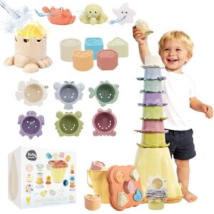 BYFWH Stacking & Sorting Toy, 4-in-1 Nesting Cups for Sand & Bath Play Nesting Cups & Shape Sorting Blocks, Toddler Montessori Toy for 1-3 Years, Develops Color & Shape Recognition, Fine Motor Skills