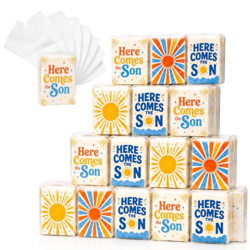 Byvood 40 Pack Here Comes the Son Pocket Tissues Bulk, 3 Ply Travel Size Mini Facial Tissues, Individual Facial Tissue Packs, Sunshine Baby Shower Favors for Guests Party Favor Supplies
