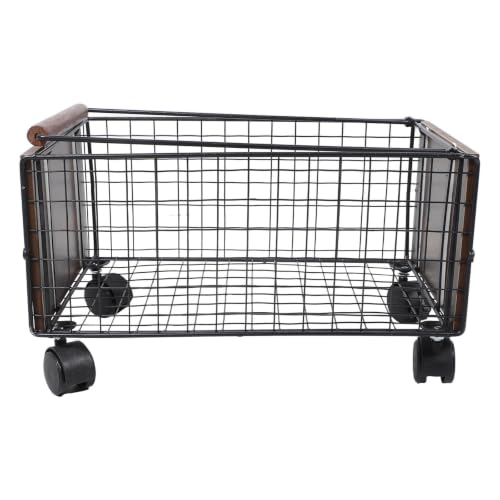 Cabilock Rolling Library Cart with Wheels and Pull Rod, Black Iron and Wood Basket Trolley with Swivel Wheels, High Sided Basket, Flat Spacious Base for Office and Mail Room Organization
