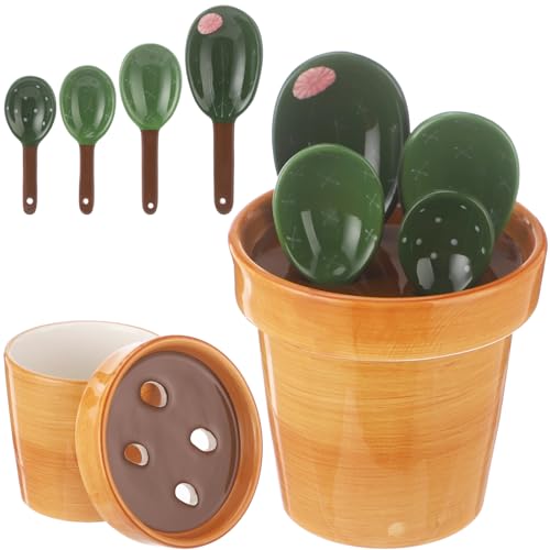 Cactus Measuring Spoons Set, 5 Pcs Creative Ceramic Green Brown, 4 Varied Capacity Spoons with Pot Organizer, Liquid and Food Precision Measurement Kit for Kitchen, Baking, Cooking