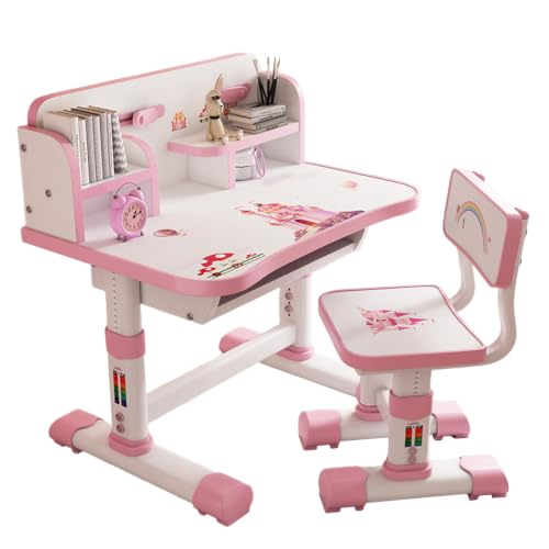 cadciehe Kids Study Desk with Chair, Height Adjustable Children Study Table with 39.8 x 29.8 x 19.1 in Desk, Widened Desktop, Adjustable Backrest Chair, Drawer and Book Bucket for Boys and GirlsPink