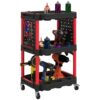 Calivox Rolling Tool Cart, 3-Tier Plastic Utility Trolley with Side Shelves, 200 lb Capacity Mobile Storage Organizer for Garage and Workshop Tools, Black and Red