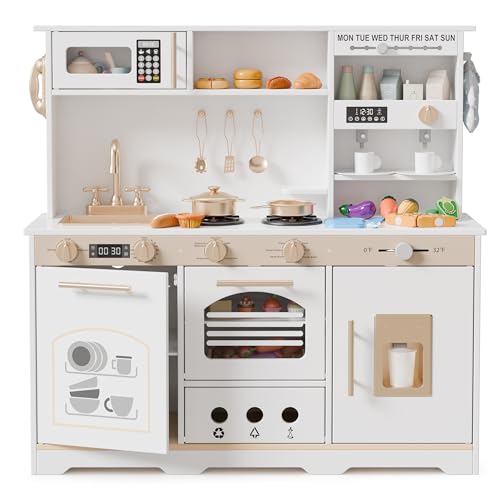 Callales 35.8" Play Kitchen Set for Kids, Toddler Toy Kitchen, 23 in 1 Wooden Kids Kitchen Playset with Toy Food and Cookware Accessories, Gift for Ages 3+ Girls Boys, White & Gold