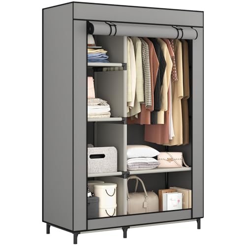 Calmootey Portable Closet Organizers, Clothing Storage, Wardrobe with 6 Shelves and Hanging Rod, Non-Woven Fabric Cover with 4 Side Pockets, Grey