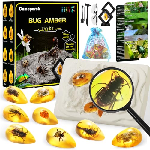 Cameparck Bigger Amber Dig Kit-8 Artificial Insect Resin, Excavate Unique Insect Specimens, STEM Excavation Bugs Toys Science Kit for Kids,Educational Gifts Party Favors for Girls & Boys Age 6-8-12-14