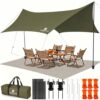 Camping Tarp with Poles & Retainer, 14.5x11FT PU9000mm Waterproof 210D Oxford Cloth Camping Awning, UV Blocking Rate 99.99% Camping Canopy Tent Tarp for Outdoor, Hammock, Car, Picnic (Army Green)