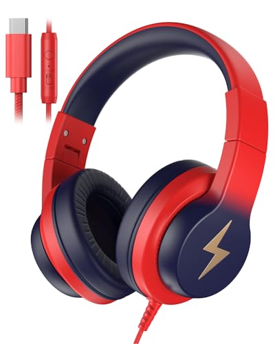 Candy Bila USB C Kids Headphones with Microphone, 85/94dB Safe Volume,Foldable Wired Over-Ear for Boys Girls, Toddlers Headphones for School, Travel, iPad, Tablet, Gradient red to Dark Blue