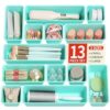 Canfanni 13 Pack Plastic Drawer Organizers Set, 3 Sizes Desk Drawer Organizer Trays for Vanity and Makeup Organizer, Organization and Storage for Makeup, Kitchen Utensils, Bathroom and Office(Blue)