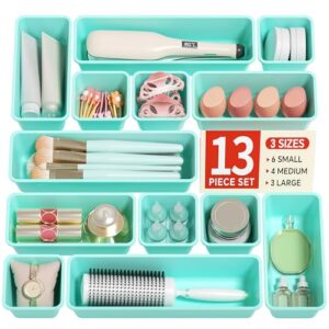 Canfanni 13 Pack Plastic Drawer Organizers Set, 3 Sizes Desk Drawer Organizer Trays for Vanity and Makeup Organizer, Organization and Storage for Makeup, Kitchen Utensils, Bathroom and Office(Blue)