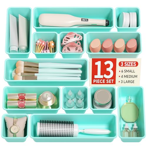 Canfanni 13 Pack Plastic Drawer Organizers Set, 3 Sizes Desk Drawer Organizer Trays for Vanity and Makeup Organizer, Organization and Storage for Makeup, Kitchen Utensils, Bathroom and Office(Blue)