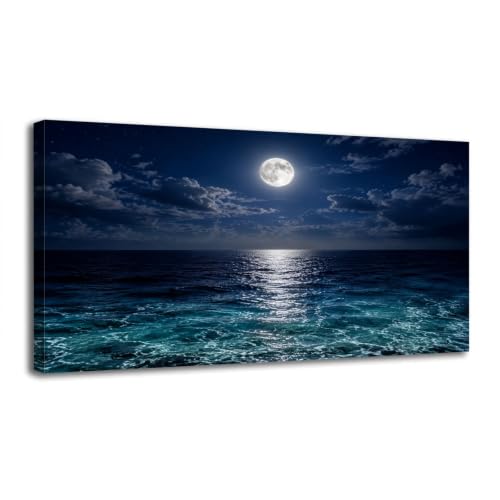 Canvas Wall Art Prints Moon Sea Ocean Landscape Modern Full Night Sky Cloud Layers Dark Large Framed Artwork Wall Paintings Pictures Posters 30"x60" Home Decor for Living Room Office Bedroom