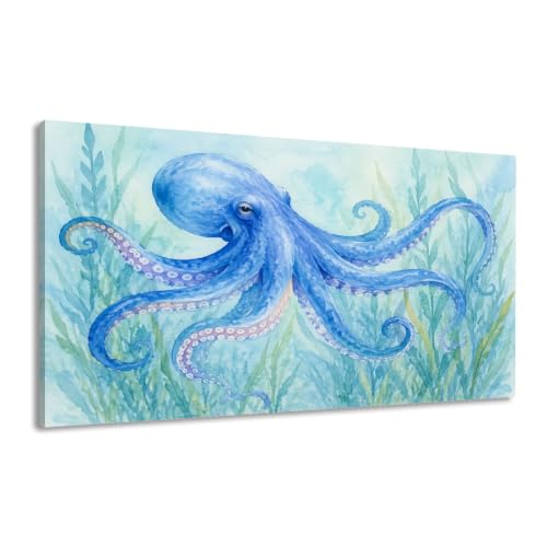 Canvas Wall Art Prints Ocean Under Sea Blue Octopus Grass Coastal Nautical Curled Tentacles Large Framed Artwork Wall Paintings Pictures Posters 24"x48" Home Decor for Living Room Office Bedroom