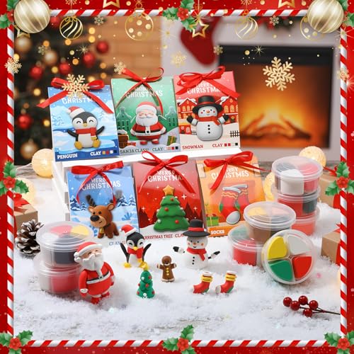 Capoda 6 Set Christmas DIY Craft Kit Christmas Air Dry Clay Kit Snowman Santa Claus Making Craft DIY Modeling Clay for Xmas Winter Holiday School Exchange Gifts Party Art Activities Supplies