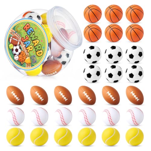 Capoda Classroom Reward Jar for Kids 30 Pcs Sports Stress Balls with Plastic Jar and Stickers Small Sports Balls Behavior Classroom Management Tool for Teacher Educational and Learning Activities