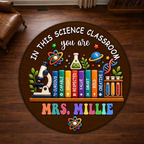 CAPOZEN Personalized Science Teacher Shaped Rug, Custom Teacher Classroom Area Rug, Colorful Science Lab Floor Mat, Science Classroom Rug, Teacher Appreciation Gift, Back to School Gift, Style #05