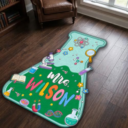 CAPOZEN Personalized Science Teacher Shaped Rug, Custom Teacher Classroom Area Rug, Colorful Science Lab Floor Mat, Science Classroom Rug, Teacher Appreciation Gift, Back to School Gift, Style #02