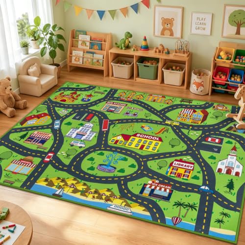 Capslpad 5x7 Kids Car Rug,Non Slip Road Traffic Playmat for Toddlers,Fun Car Track Town City Map Carpet,Washable Play Game Area Rugs for Bedroom Playroom,Nursery Room,Classroom,Green