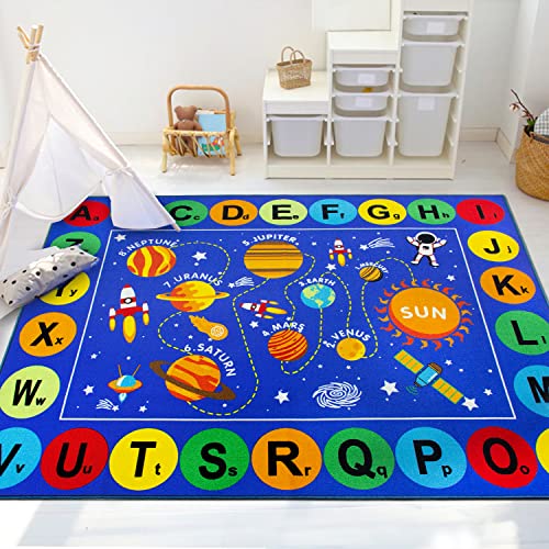 Capslpad ABC Alphabet Kids Rug Outer Space Educational Learning Area Rug 5'0" x 6'6" Non Slip Solar System Galaxy Planets Play Rug Carpet for Children