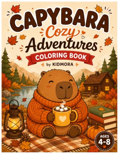 Capybara Cozy Adventures Coloring Book: Cute Autumn and Fall Coloring Pages for Kids Ages 4-8 with Capybaras, Hot Cocoa, Cozy Cabins and Falling ... (KIDMORA Capybara Coloring Book Collection)