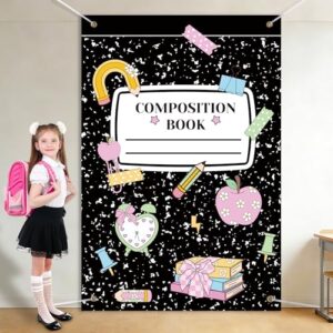 CapyBud Back to School Backdrop 79 x 53 Inch Composition Notebook Backdrop First Day of School Decorations for Classroom, Bulletin Board, Office Welcome Back Party Supplies