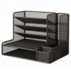 CAQYPVH Desktop File Organizer Desk Paper Sorter With Stepped Compartments Wide Tray Standing Section And Front breathable metal mesh suitable for office organization study use