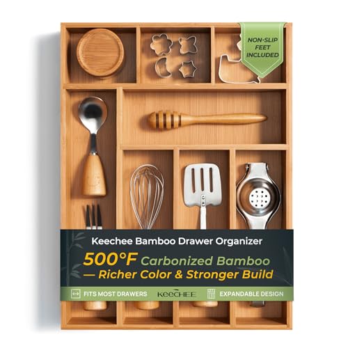 Carbonized Bamboo Kitchen Drawer Organizer, 8 Slots Silverware Organizer, Utensil Holder & Cutlery Tray, 2.2" Deep for Extra Capacity, Non-Slip Feet Included