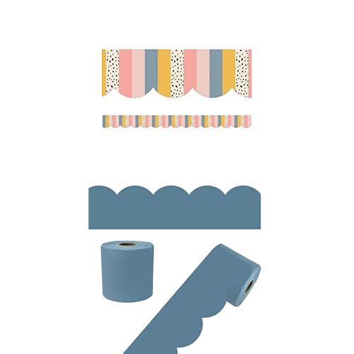 Carson Dellosa 104Ft of Boho Stripes & Polka Dots and Stone Blue Bulletin Board Borders, Scalloped Trim, Whiteboard, Posterboard, Party, Office Decorations, and Classroom Decor