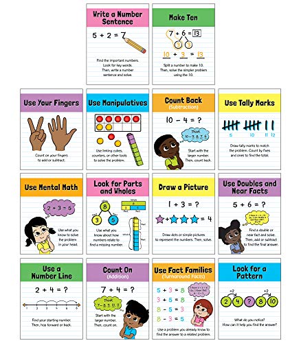 Carson Dellosa 14-Piece Mathematics Strategy Posters, 8.5" x 11" Wall Art Ten Frame, Counting, Number Line, Math Manipulatives, Facts, and More Strategies, Classroom Decor and Teacher Supplies