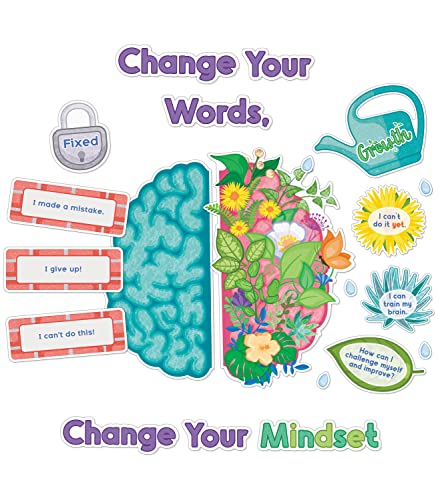 Carson Dellosa Education 47 pc Bloom with a Growth Mindset Bulletin Board Set, Motivational Poster, Plant Cutouts, 2-Piece Brain with Affirmation Cards, Calm Down Corner Supplies and Classroom Decor