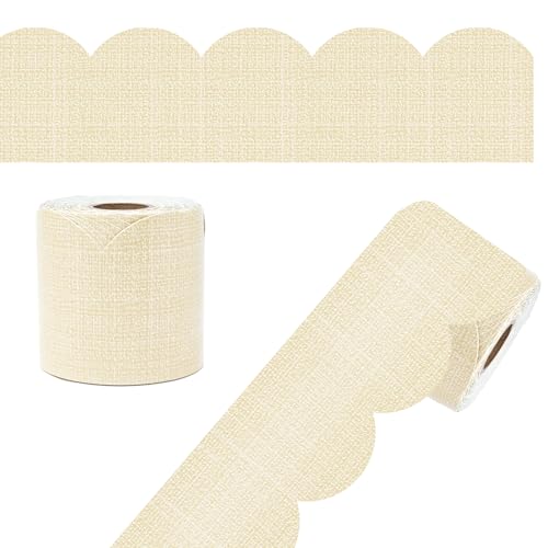 Carson Dellosa Farmhouse 65Ft of Tan Linen Bulletin Board Borders, 1 Roll of Scalloped Trim for Rolling Whiteboard, Cork and Posterboard, Party, Office Decorations, and Classroom Decor