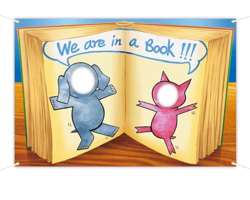 Cartoon Elephant and Piggie in a Book Face Cutout Photo Backdrop 5 x 3.3 FT - Children’s Book Theme Birthday Party Photography Backdrop for Boys Girls, Funny Reading Event Photo Prop