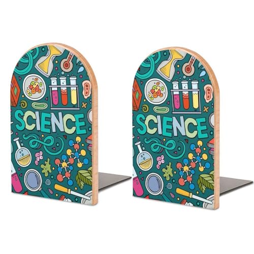 Cartoon Science Theme Bookends Set of 2, Heavy Duty Sturdy Non-Slip Book Stoppers for Shelves, Compact L-Shaped Book Supports for Home Office Library, Ideal Desk Organizers Tools