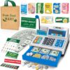 Cash Register Toy for Kids, 120 Pcs Grocery Store Playset with Credit Card, Grocery Boxes, Microphone, Calculator Cash Register Toy Gift for Toddlers, Grey