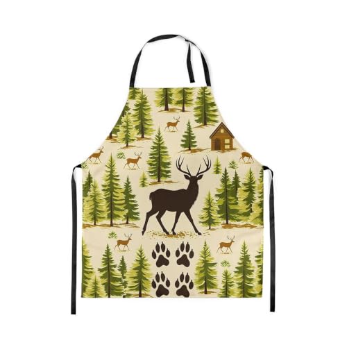 Castle Fairy Deer Apron Pine Trees Paw Prints Apron Suitable for Baking Gardening Housework Painting Fresh Nature Themed Kitchen Aprons for Kids Boys Girls No Pocket 31"x26" Green Beige
