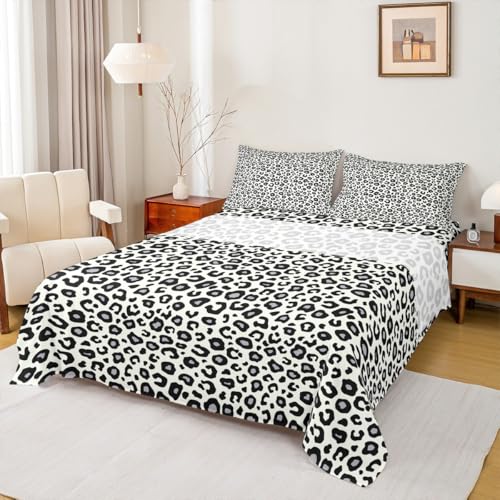 Castle Fairy Leopard Print Bed Sheet Set Twin Size,Black Grey Cheetah Fur Sheet Set Kids Teens,Wild Animal Skin Bedding Decor Set with 1 Flat & 1 Fitted Sheet with 1 Pillow Sham