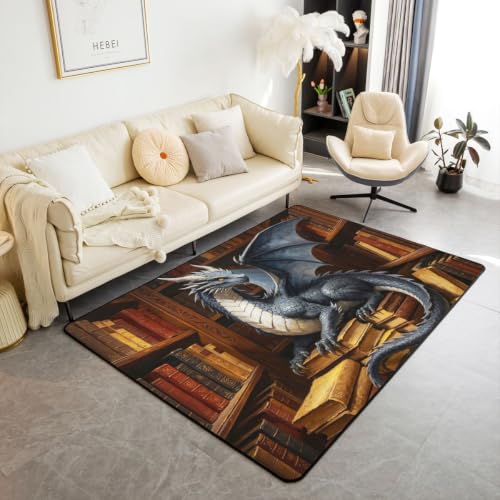 Castle Fairy Western Dragon Area Rugs,Grey 3D Dragon Indoor Floor Mat Entrance Rug for Girls Boys,Reading Book Bookshelf Non Slip Rug,Retro Magical Library Couch Living Room Decor,5x6'6''